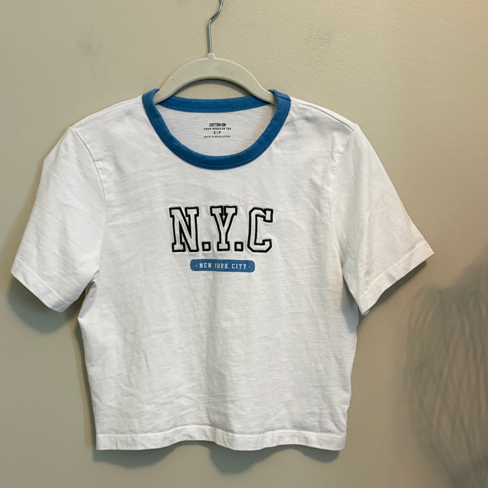 Cotton On White Crop Tee with Blue Ringer Collar